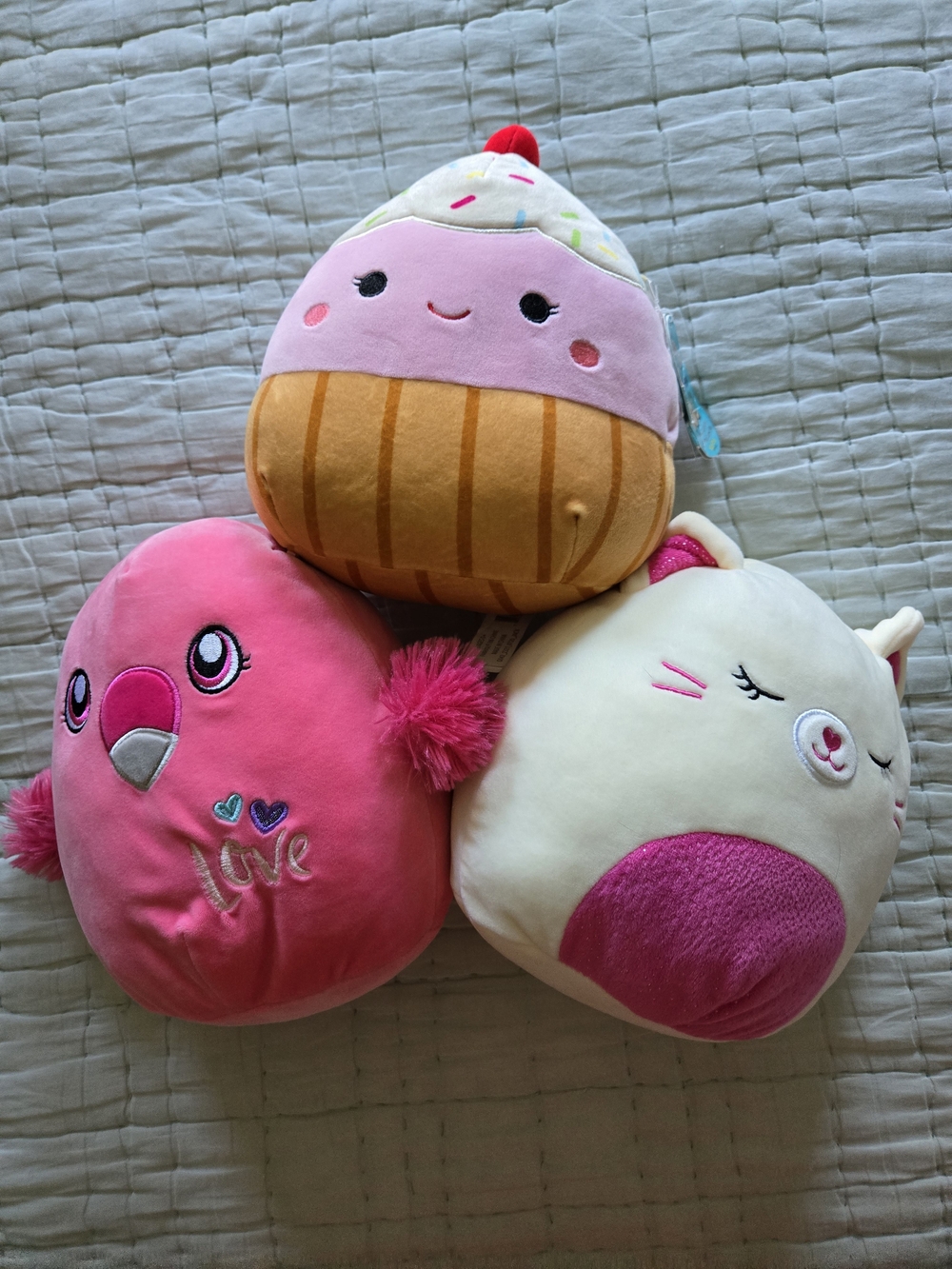 Squishmallows Pink Cupcake, Hot Pink Bird & Cream Cat Plush Pillow Trio